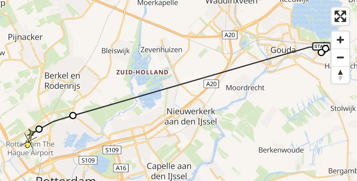 Routekaart van de vlucht: Politiehelikopter naar Rotterdam The Hague Airport, Voorwillenseweg