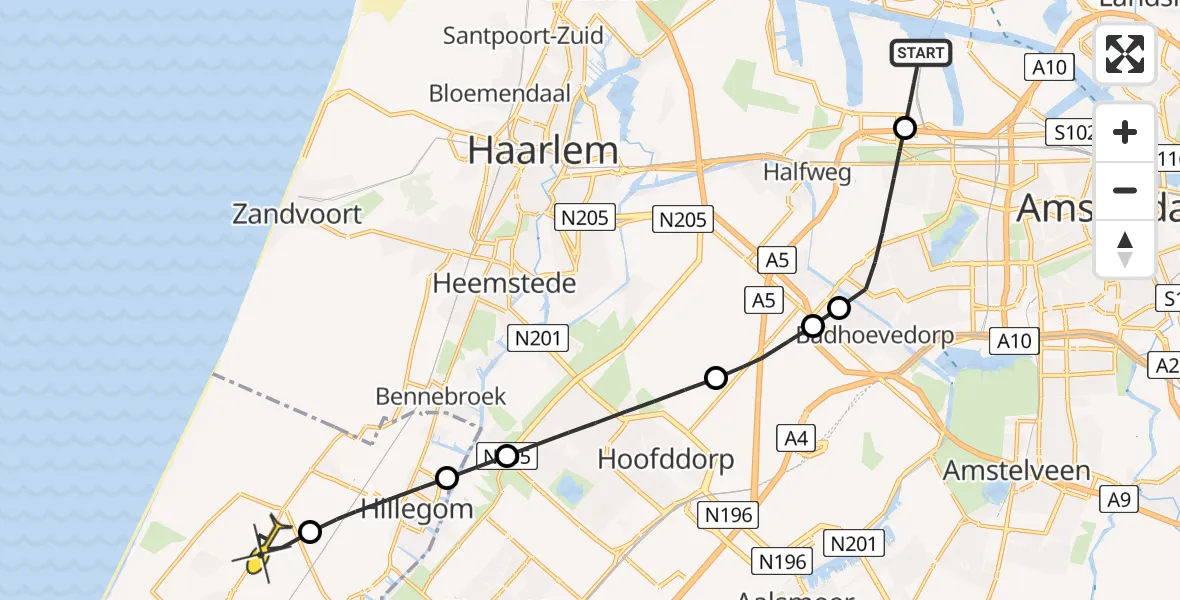Routekaart van de vlucht: Lifeliner 1 naar Noordwijkerhout, Nieuw-Zeelandweg