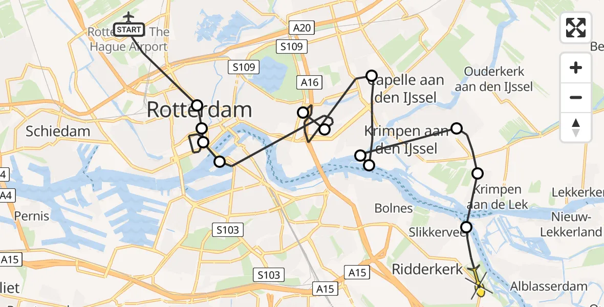 Routekaart van de vlucht: Politiehelikopter naar Ridderkerk, Cornelis Drebbelhof