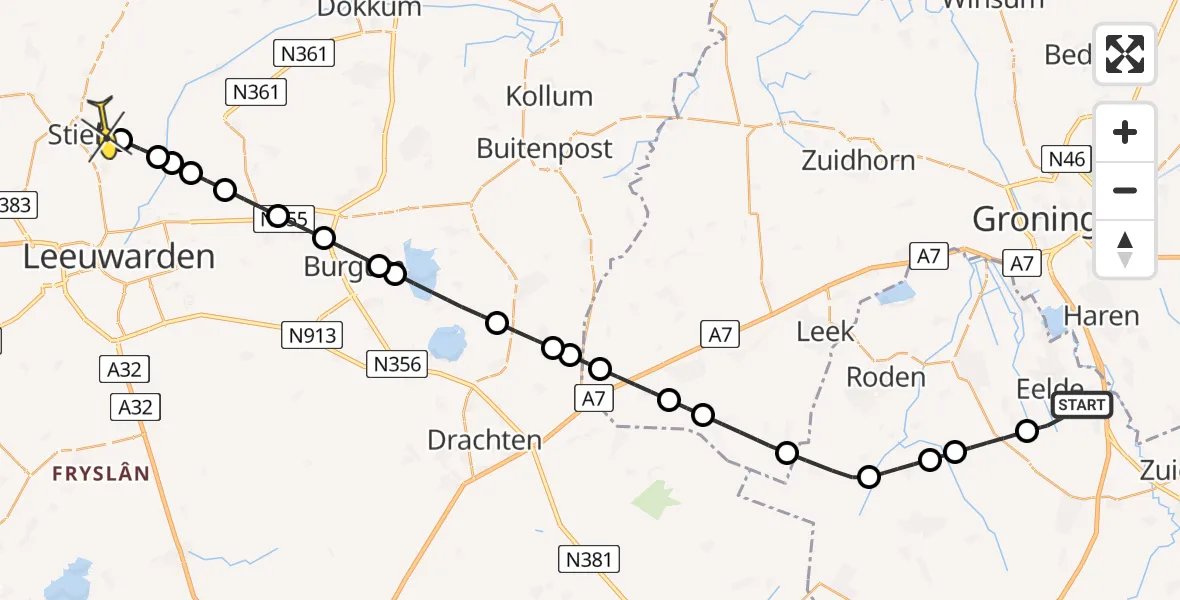 Routekaart van de vlucht: Lifeliner 4 naar Stiens, Lugtenbergerweg