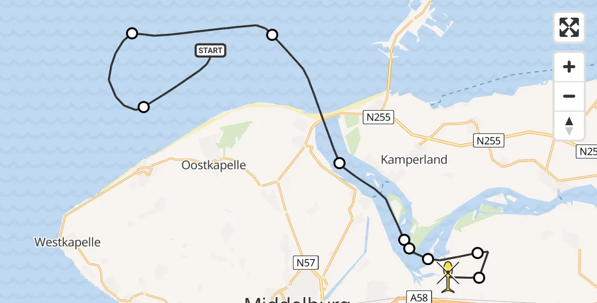Routekaart van de vlucht: Kustwachthelikopter naar Vliegveld Midden-Zeeland, Calandweg