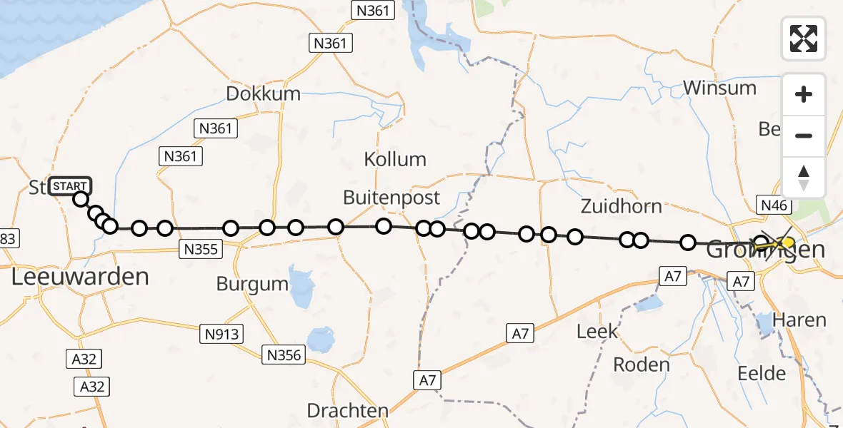Routekaart van de vlucht: Lifeliner 4 naar Universitair Medisch Centrum Groningen, Aldlânsdyk