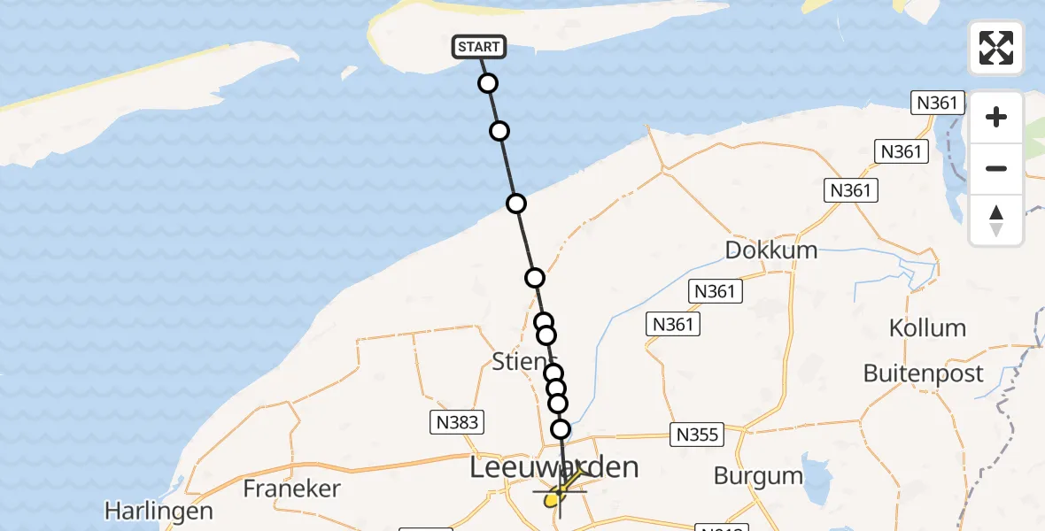 Routekaart van de vlucht: Ambulancehelikopter naar Leeuwarden, Ballumerbocht