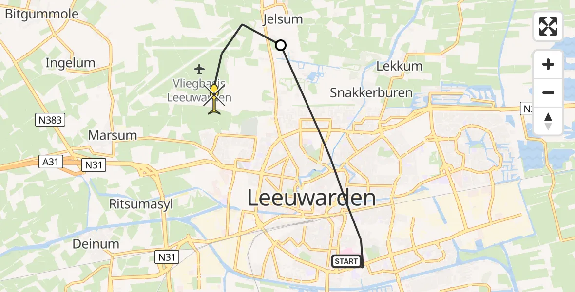 Routekaart van de vlucht: Ambulancehelikopter naar Vliegbasis Leeuwarden, Jansoniusstraat