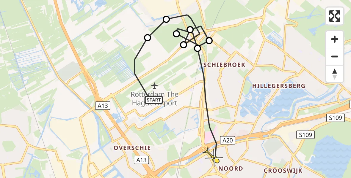 Routekaart van de vlucht: Politieheli naar Rotterdam, Schieveense polder
