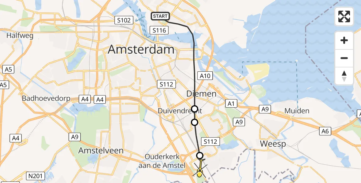 Routekaart van de vlucht: Lifeliner 1 naar Academisch Medisch Centrum (AMC), Nieuwendammerkade