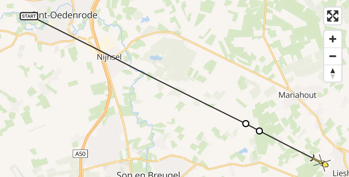 Routekaart van de vlucht: Politieheli naar Lieshout, Nijnselseweg
