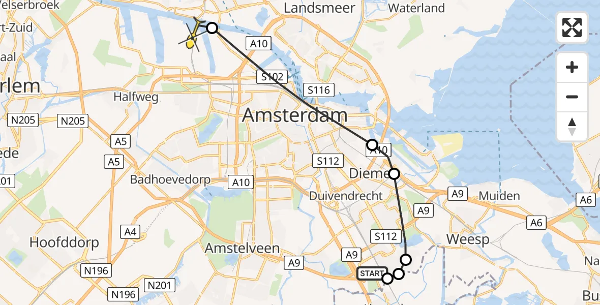 Routekaart van de vlucht: Lifeliner 1 naar Amsterdam Heliport, Rail-construction Road