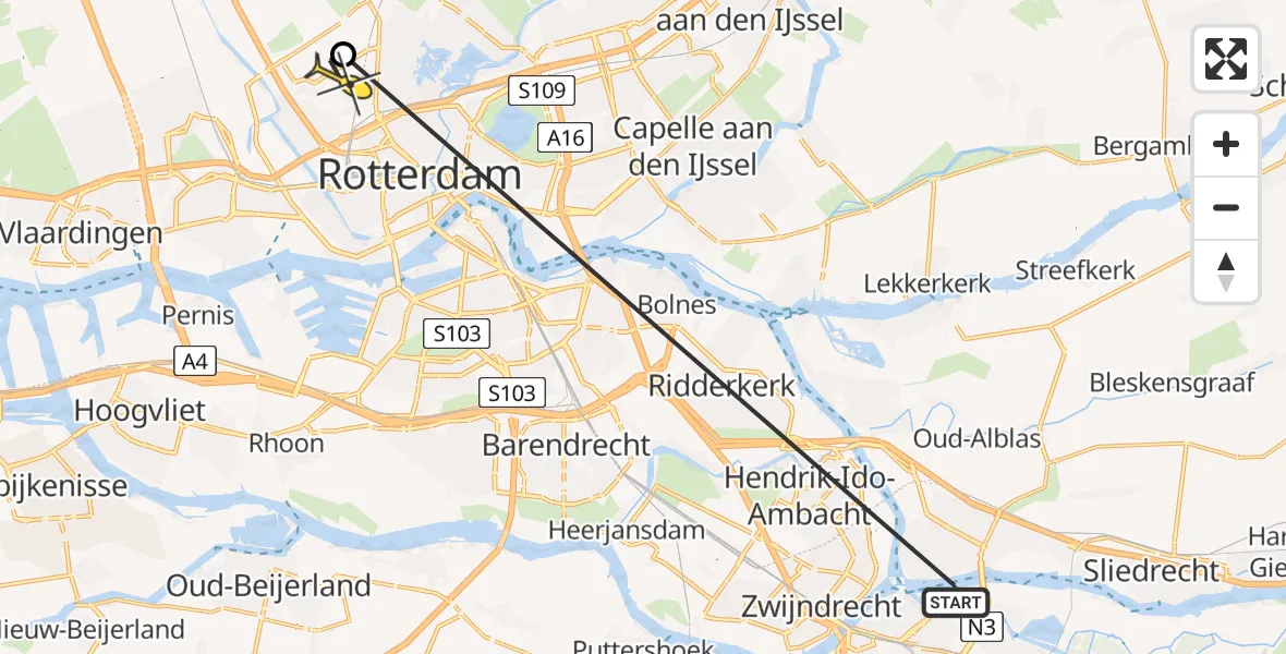 Routekaart van de vlucht: Politieheli naar Rotterdam The Hague Airport, Tempelhof
