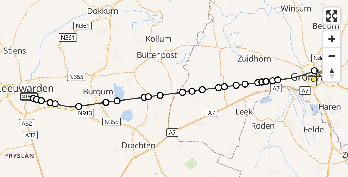 Routekaart van de vlucht: Ambulanceheli naar Universitair Medisch Centrum Groningen, Wiardaplantage