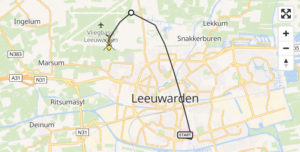 Routekaart van de vlucht: Ambulanceheli naar Vliegbasis Leeuwarden, Huizumerlaan