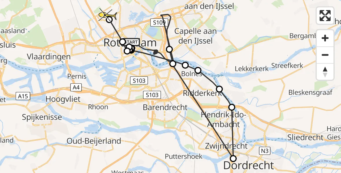 Routekaart van de vlucht: Politiehelikopter naar Rotterdam The Hague Airport, Antwerpsehoofd