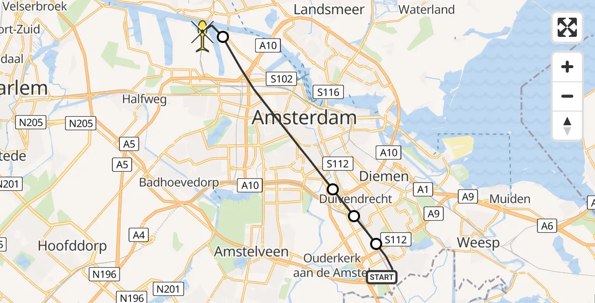 Routekaart van de vlucht: Lifeliner 1 naar Amsterdam Heliport, Trichtstraat