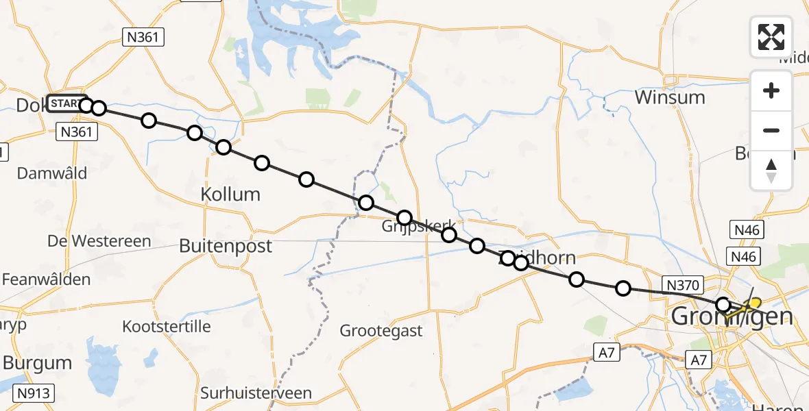 Routekaart van de vlucht: Lifeliner 4 naar Universitair Medisch Centrum Groningen, Wâlddyk