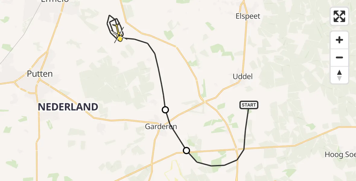 Routekaart van de vlucht: Politiehelikopter naar Ermelo, 't Rechtewegje