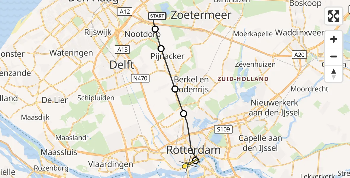 Routekaart van de vlucht: Lifeliner 2 naar Erasmus MC, Roeleveenseweg