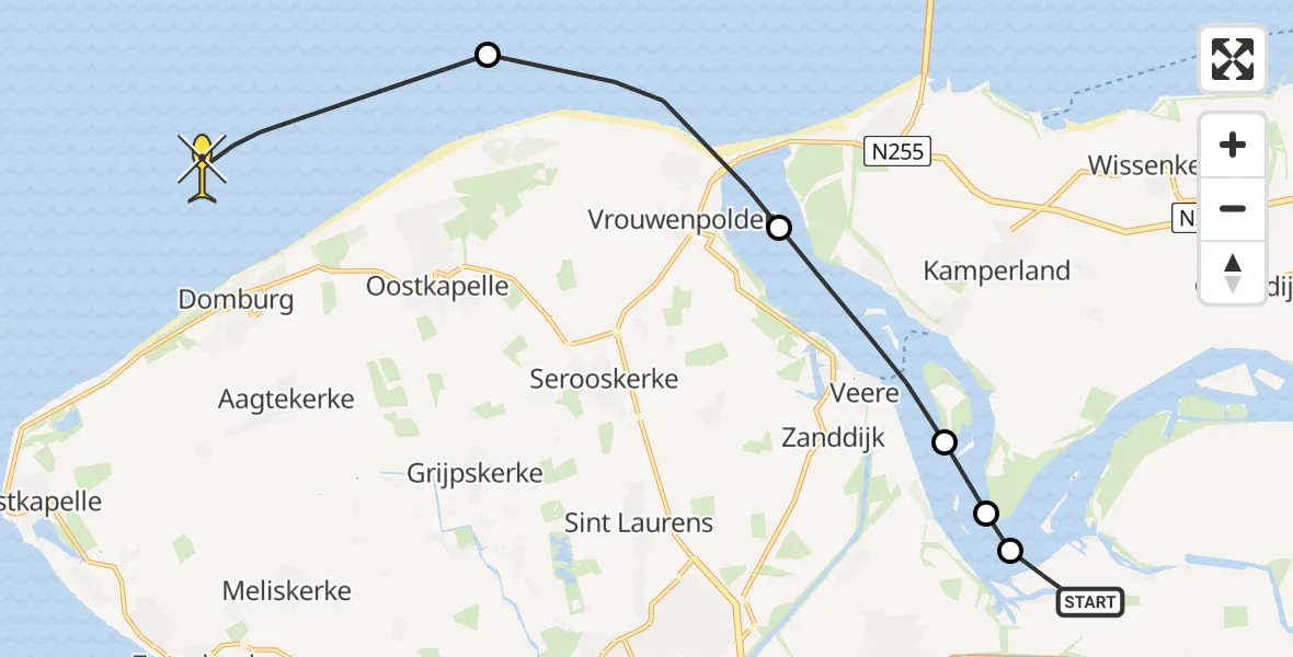 Routekaart van de vlucht: Kustwachthelikopter naar Lamsoor