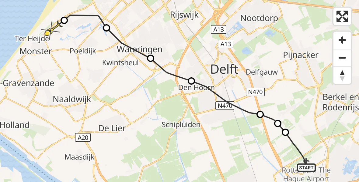 Routekaart van de vlucht: Politieheli naar Monster, Schieveense polder