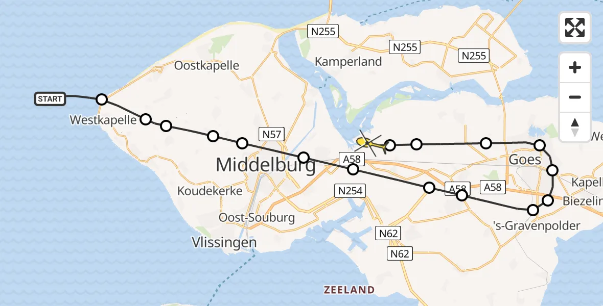 Routekaart van de vlucht: Kustwachthelikopter naar Vliegveld Midden-Zeeland, Calandweg