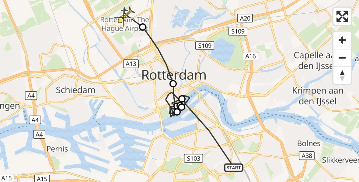 Routekaart van de vlucht: Politiehelikopter naar Rotterdam The Hague Airport, Kegelstraat