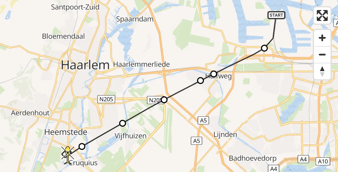 Routekaart van de vlucht: Lifeliner 1 naar Heemstede, Nieuw-Zeelandweg
