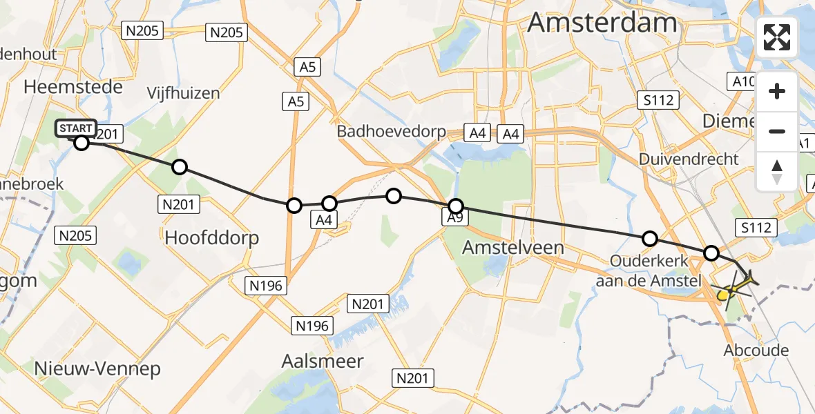 Routekaart van de vlucht: Lifeliner 1 naar Academisch Medisch Centrum (AMC), Bennebroekerdijk
