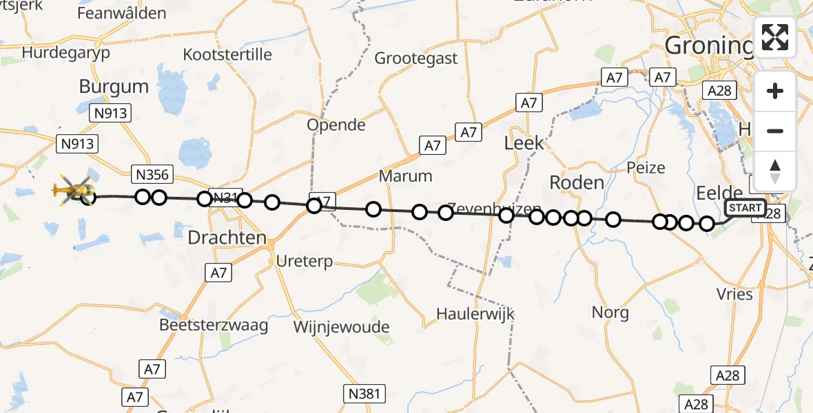 Vluchtroute Traumahelikopter Groningen Airport Eelde - Earnewâld, 22 juli 2025, 07:21