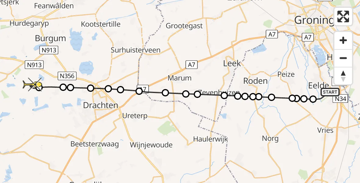 Routekaart van de vlucht: Lifeliner 4 naar Earnewâld, Veldkampweg