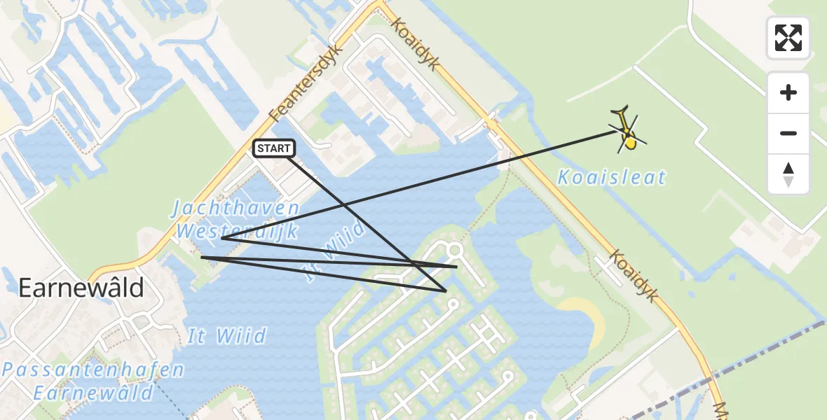 Routekaart van de vlucht: Politiehelikopter naar Earnewâld, Koaisleat