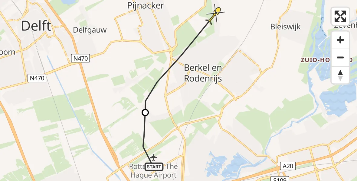 Routekaart van de vlucht: Politiehelikopter naar Berkel en Rodenrijs, Noordersingel