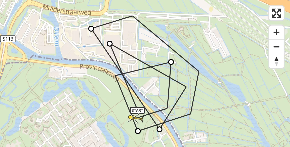 Routekaart van de vlucht: Politieheli naar Amsterdam, Provincialeweg