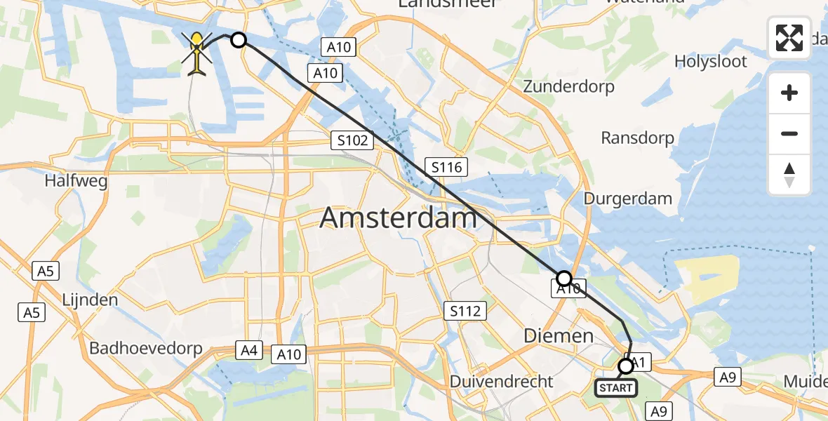 Routekaart van de vlucht: Lifeliner 1 naar Amsterdam Heliport, Overdiemerweg