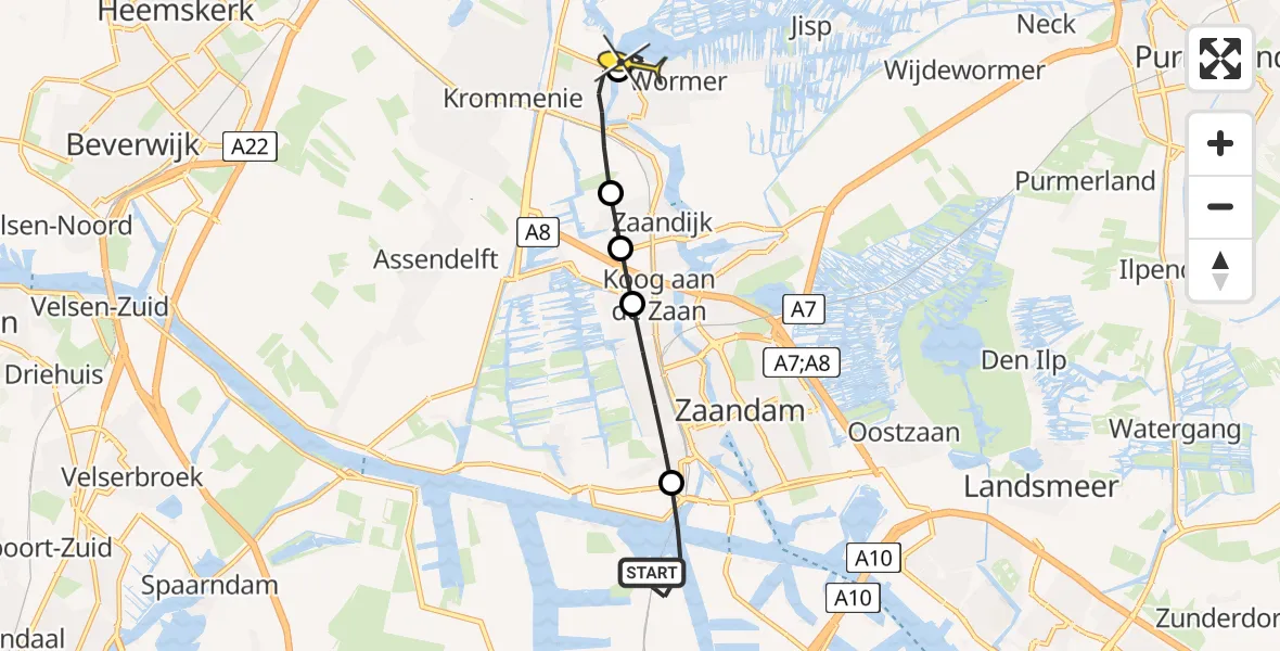 Routekaart van de vlucht: Lifeliner 1 naar Wormer, Elbaweg