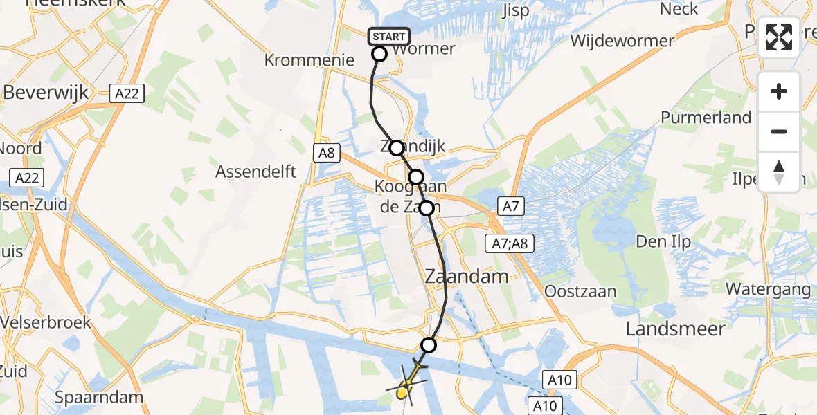 Routekaart van de vlucht: Lifeliner 1 naar Amsterdam Heliport, Zaanweg