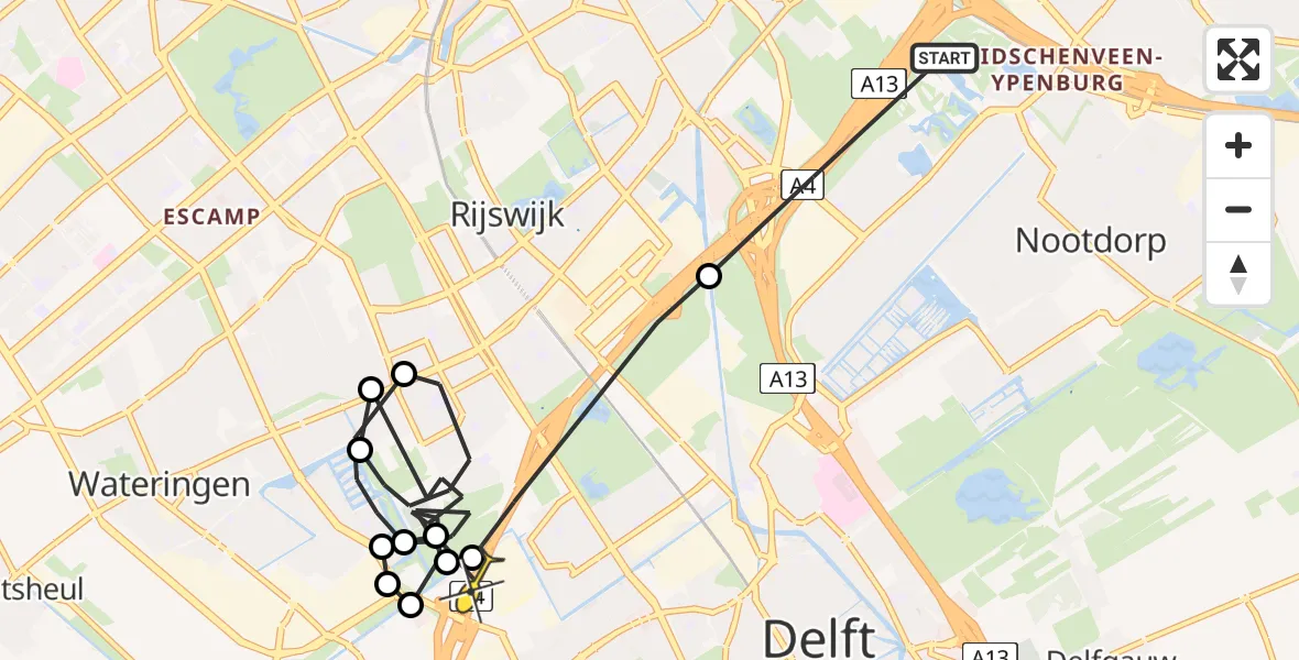 Routekaart van de vlucht: Politieheli naar Den Hoorn, Minister Lelylaan