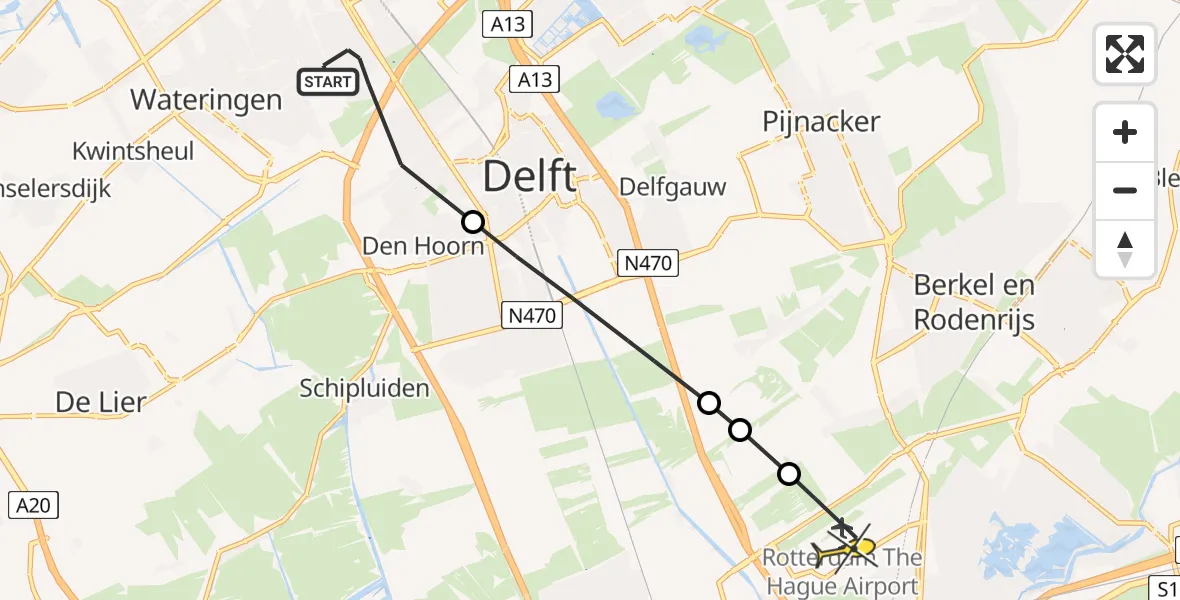 Routekaart van de vlucht: Politiehelikopter naar Rotterdam The Hague Airport, Brantingstraat