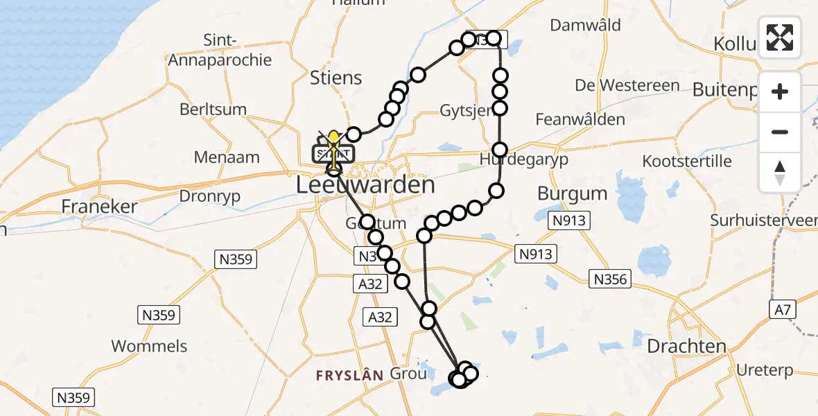 Routekaart van de vlucht: Ambulanceheli naar Vliegbasis Leeuwarden, Keegsdijkje