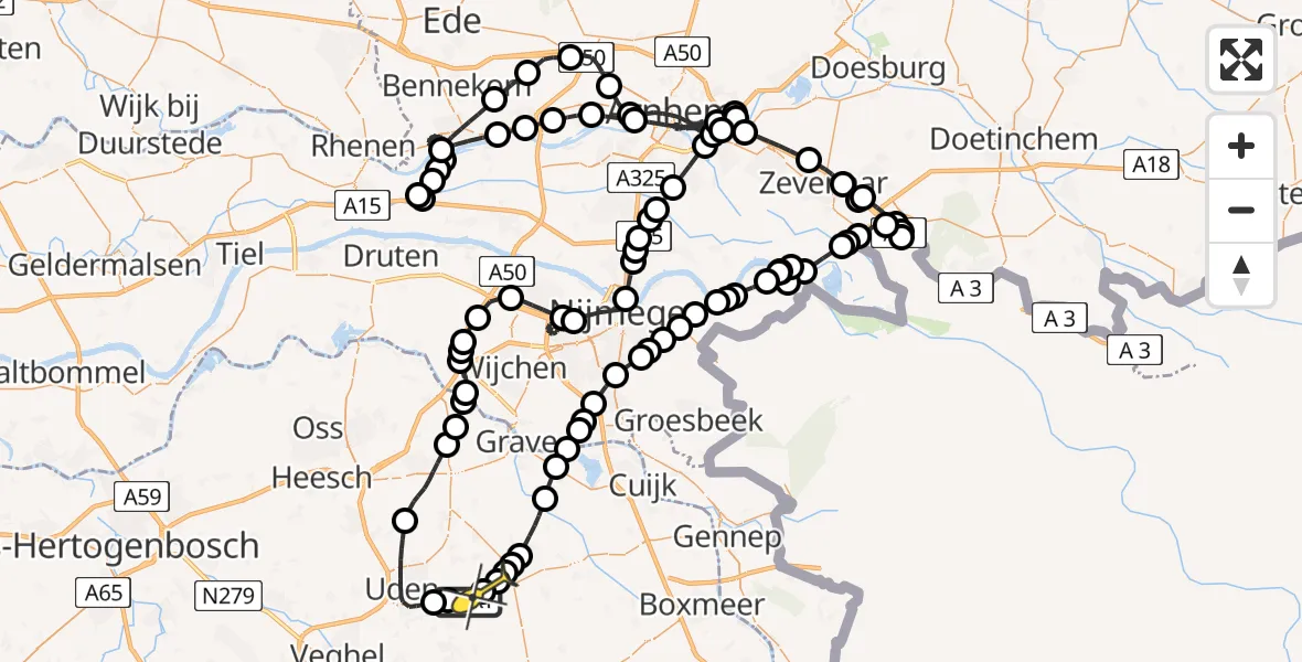 Vluchtroute Politiehelikopter van Vliegbasis Volkel naar Vliegbasis Volkel