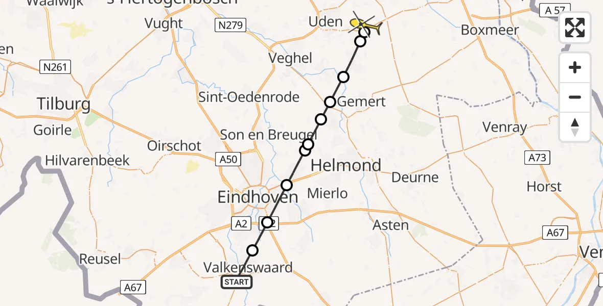 Routekaart van de vlucht: Lifeliner 3 naar Vliegbasis Volkel, De Kaatse Bossen