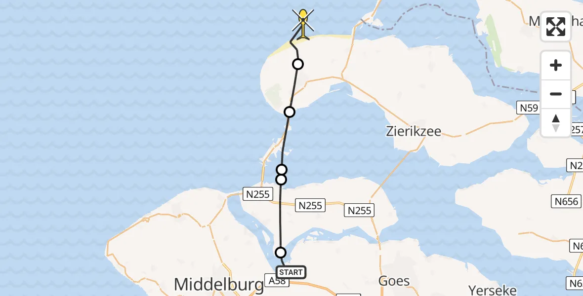Routekaart van de vlucht: Kustwachthelikopter naar Renesse, Oranjeplaatweg