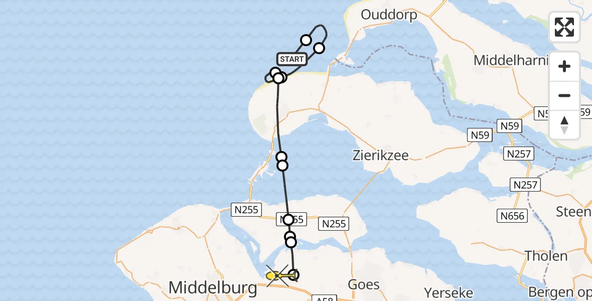 Routekaart van de vlucht: Kustwachthelikopter naar Vliegveld Midden-Zeeland, Brouwersdam buitenzijde