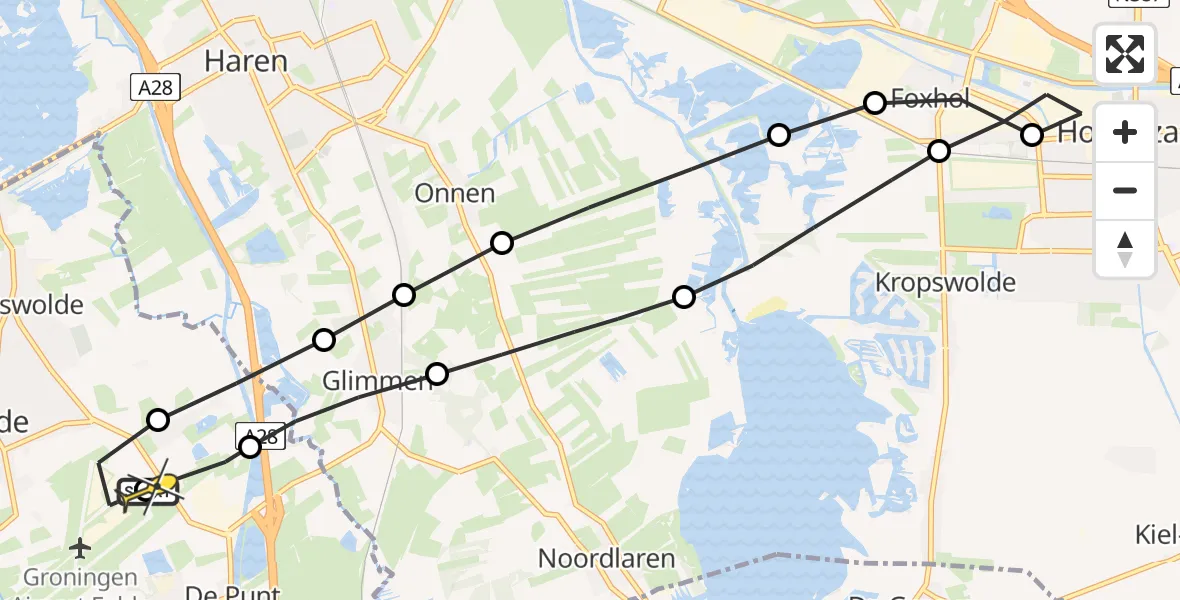 Routekaart van de vlucht: Lifeliner 4 naar Groningen Airport Eelde, Oosterbroek
