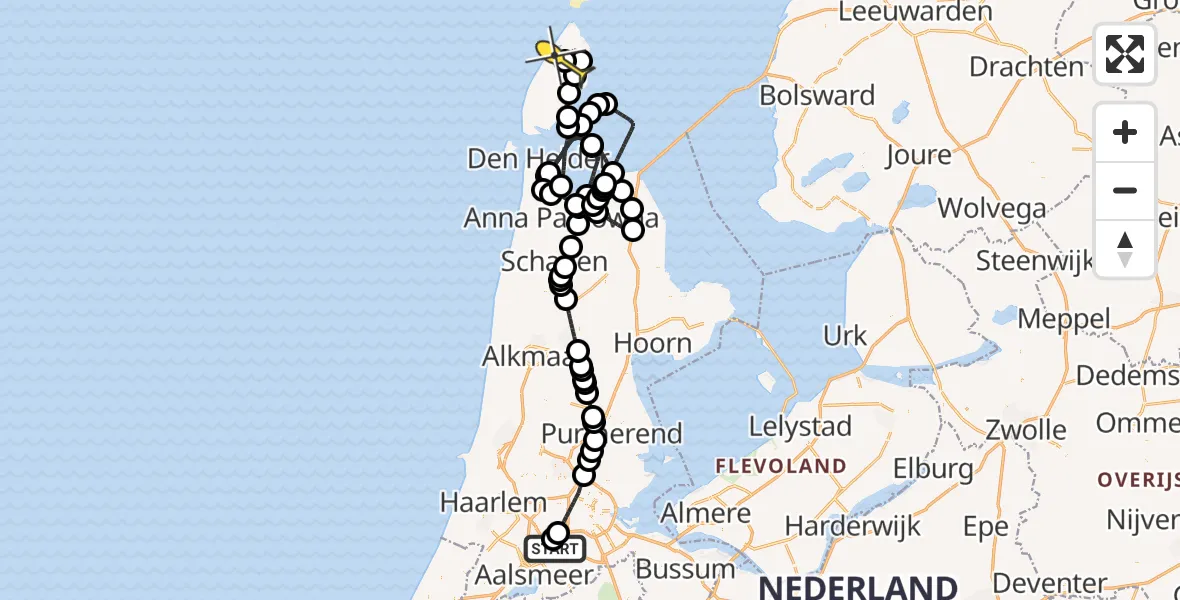 Routekaart van de vlucht: Politieheli naar Texel International Airport, Amsterdam-Bataviaweg