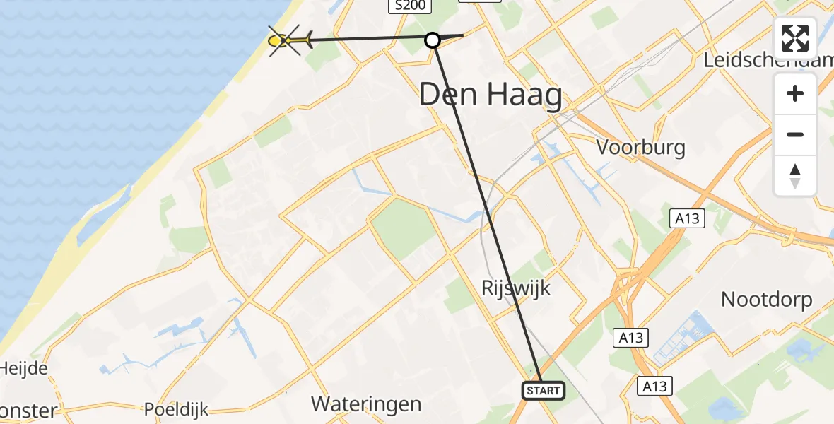 Routekaart van de vlucht: Politieheli naar Den Haag, Scheveningseweg