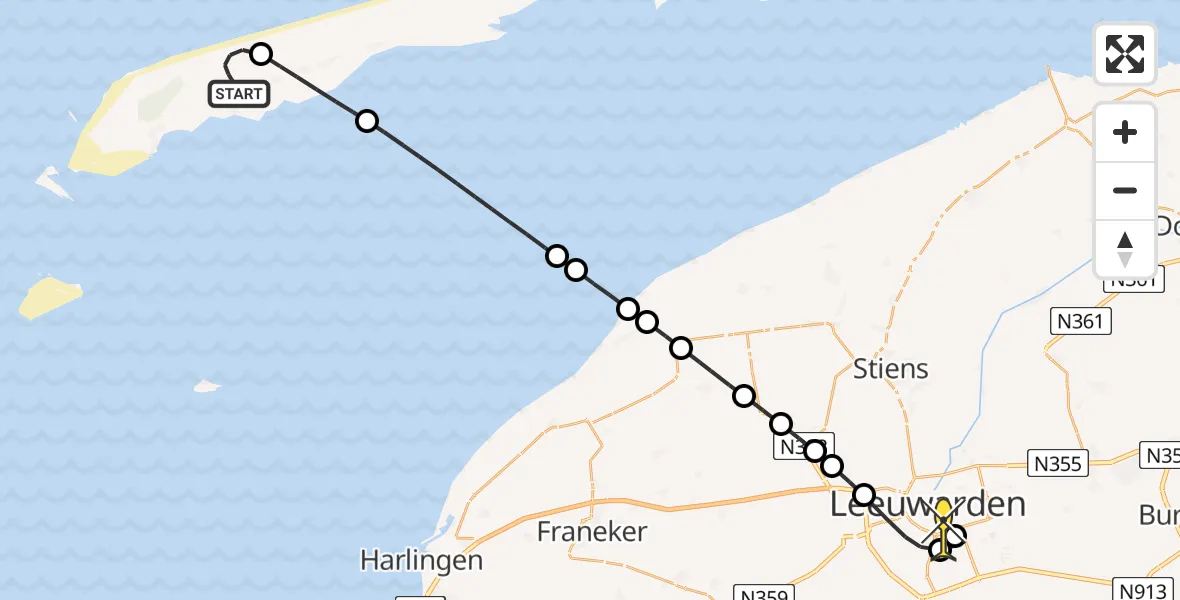 Routekaart van de vlucht: Ambulanceheli naar Leeuwarden, Koreabos