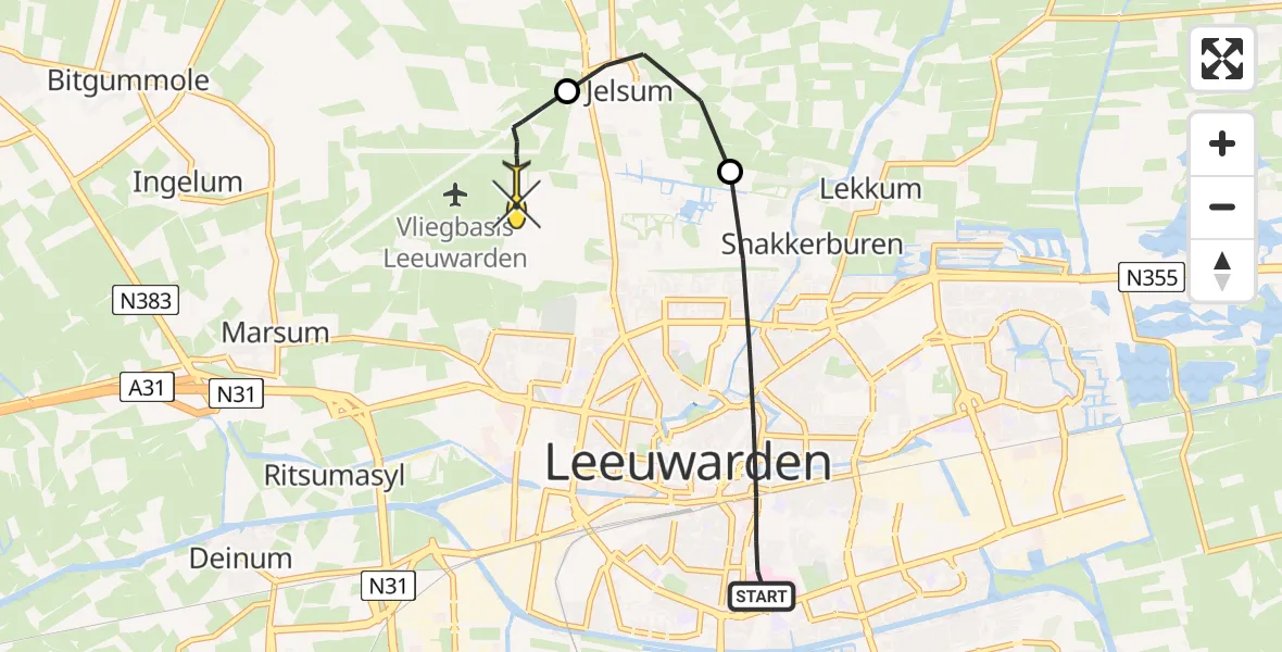 Routekaart van de vlucht: Ambulancehelikopter naar Vliegbasis Leeuwarden, Oostergoweg