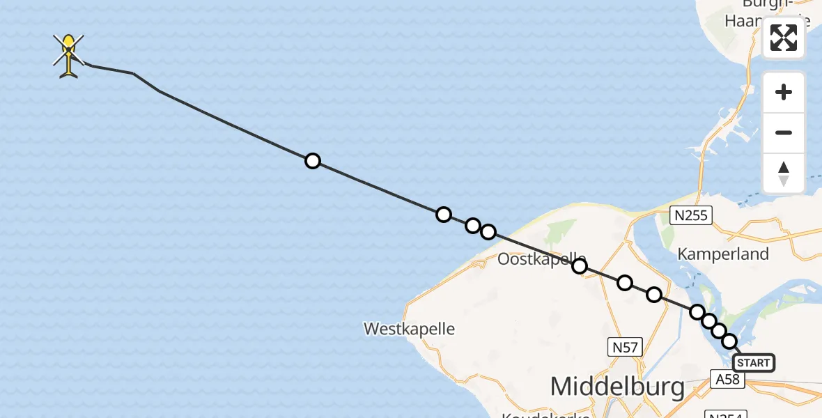 Routekaart van de vlucht: Kustwachthelikopter naar Oranjeplaatweg
