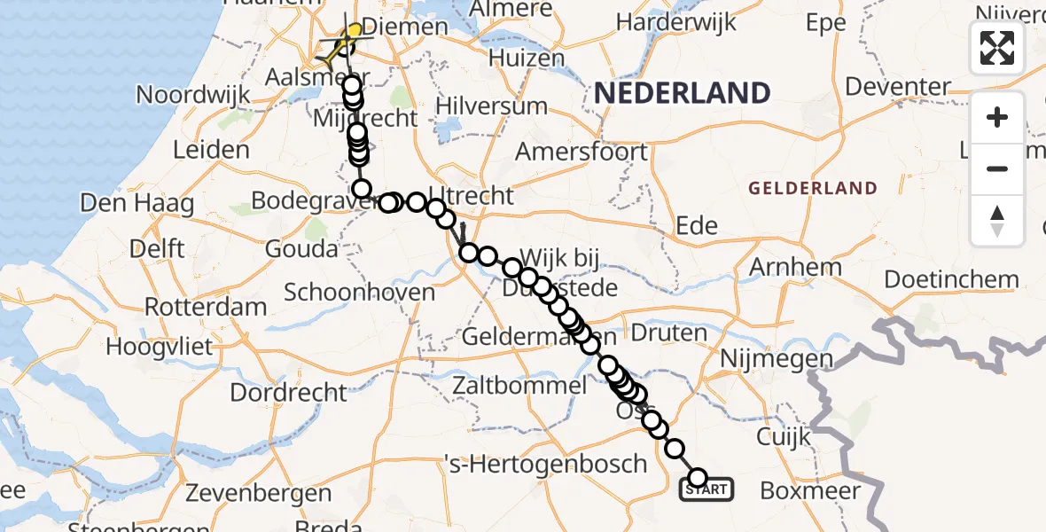Vluchtroute Politiehelikopter van Vliegbasis Volkel naar Schiphol