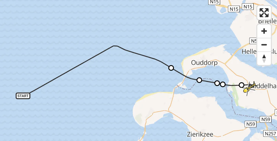 Routekaart van de vlucht: Kustwachthelikopter naar Dirksland, Kleine Boezem