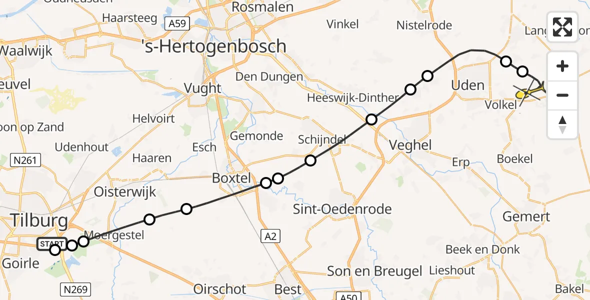 Routekaart van de vlucht: Lifeliner 3 naar Vliegbasis Volkel, Hilvarenbeekseweg